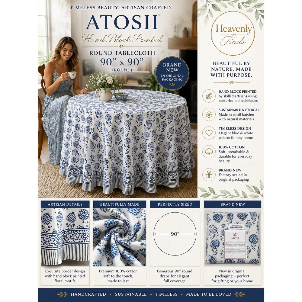 ATOSII Roma 90" Round Blue Hand Block Print Cotton Tablecloth Cottage Coastal
